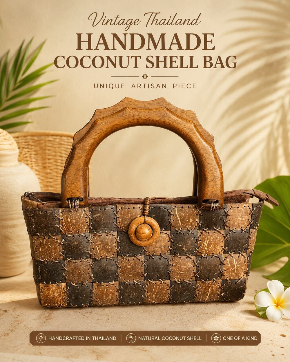Vintage Thailand Coconut Shell Wood Handle Handbag Boho Patchwork Purse